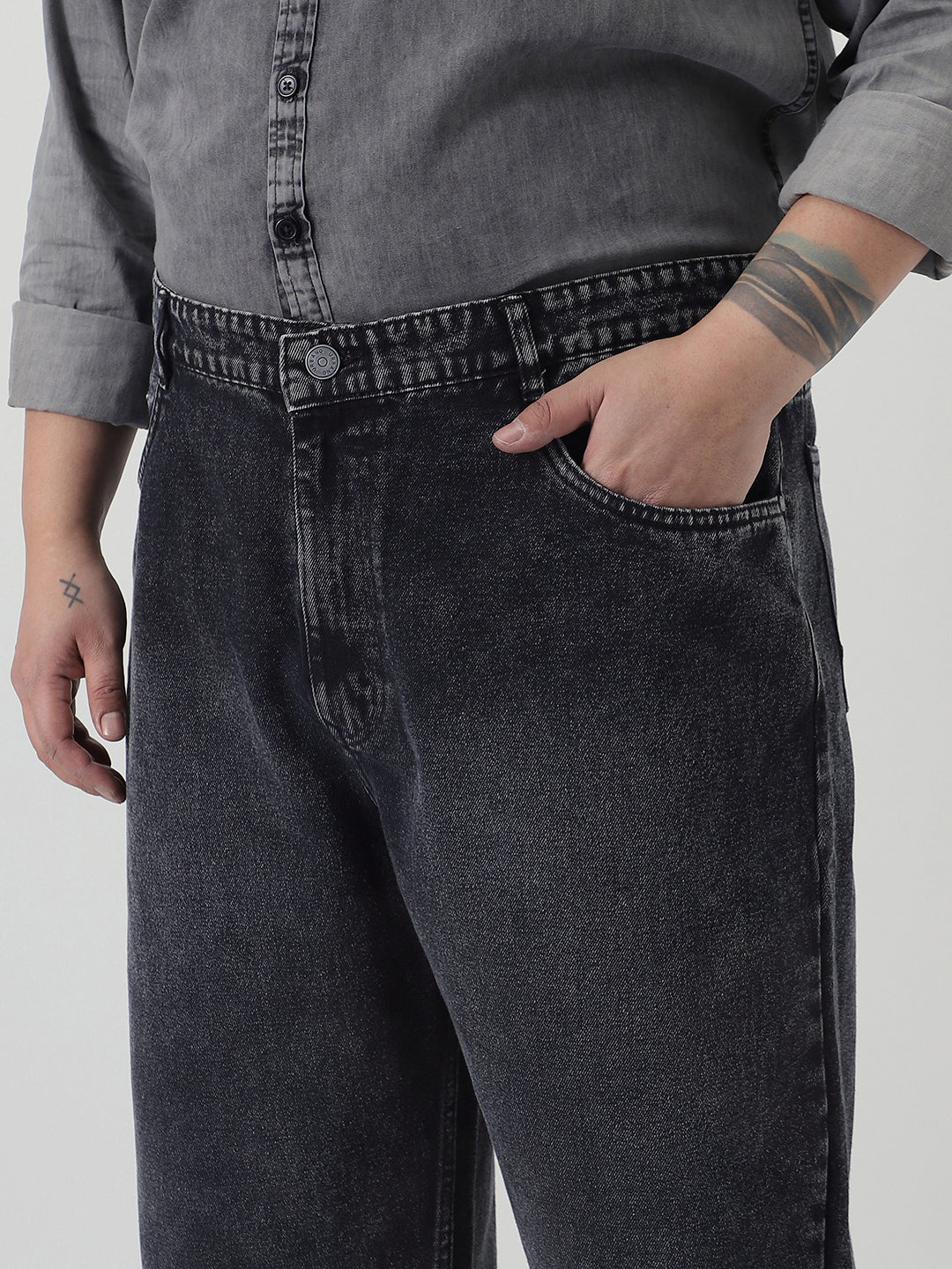 Plus Men's Black Loose Baggy Fit Heavy Washed Jeans Non-Stretchable
