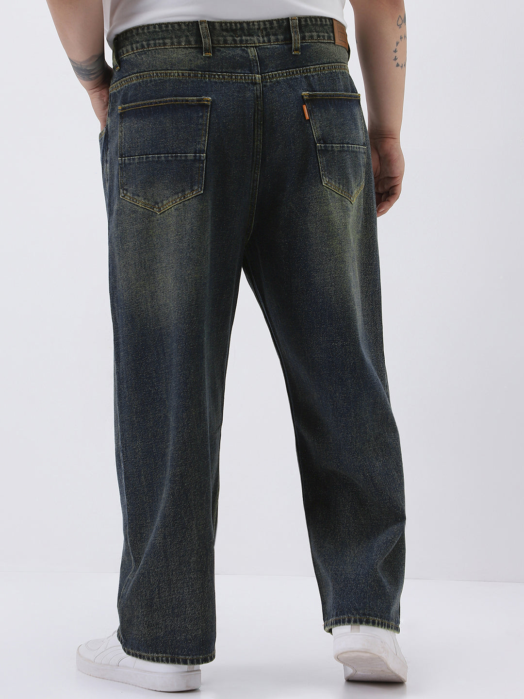 Plus Men's Dark Blue Loose Baggy Fit Heavy Washed Jeans Non-Stretchable
