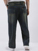 Plus Men's Dark Blue Loose Baggy Fit Heavy Washed Jeans Non-Stretchable