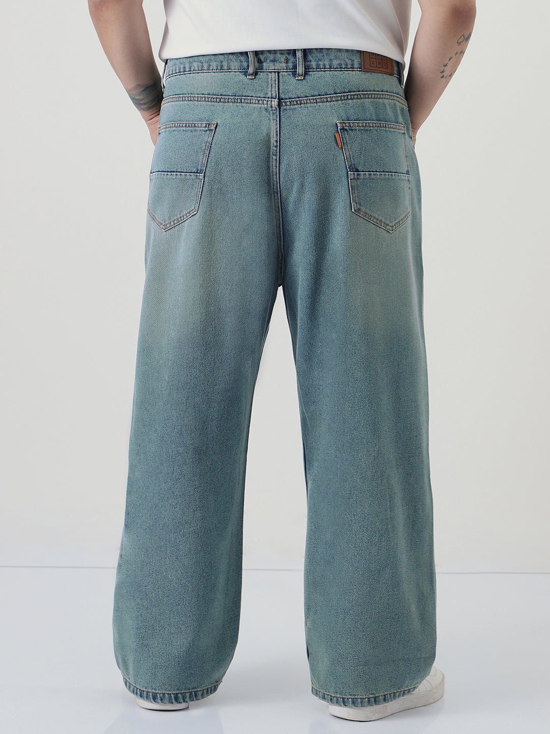 Plus Men's Ice Blue Loose Baggy Fit Heavy Washed Jeans Non-Stretchable