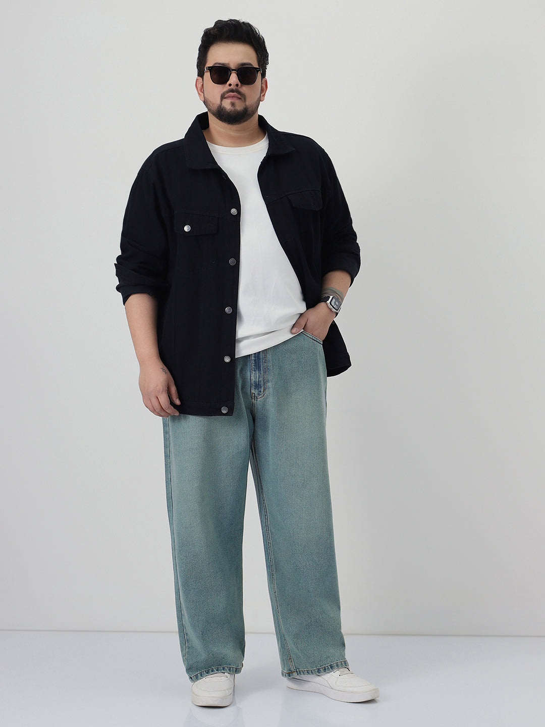 Plus Men's Ice Blue Loose Baggy Fit Heavy Washed Jeans Non-Stretchable