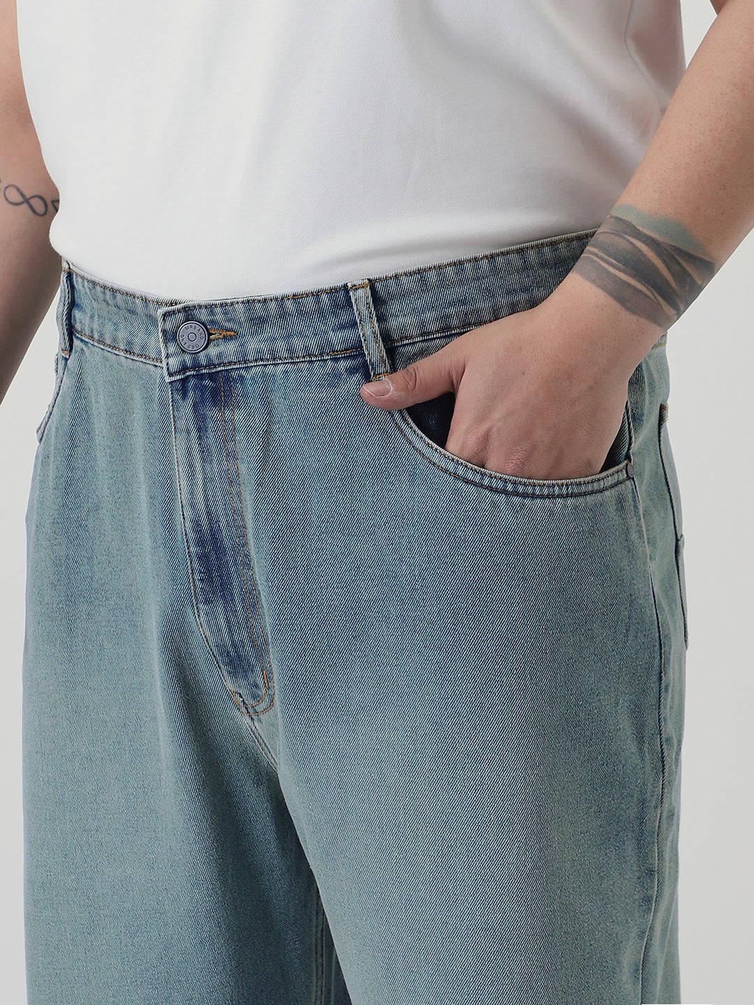 Plus Men's Ice Blue Loose Baggy Fit Heavy Washed Jeans Non-Stretchable