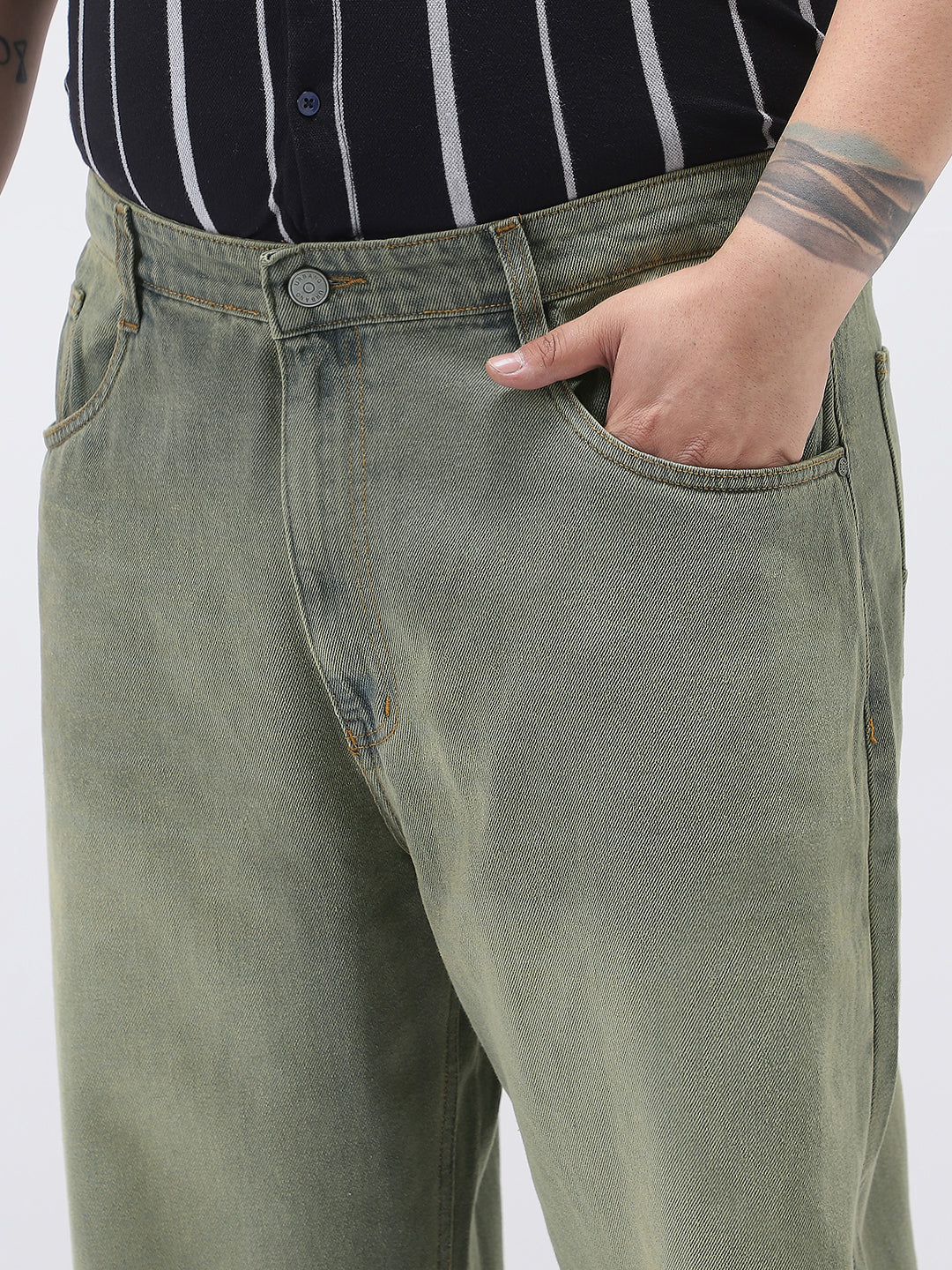 Plus Men's Grey Loose Baggy Fit Heavy Washed Jeans Non-Stretchable