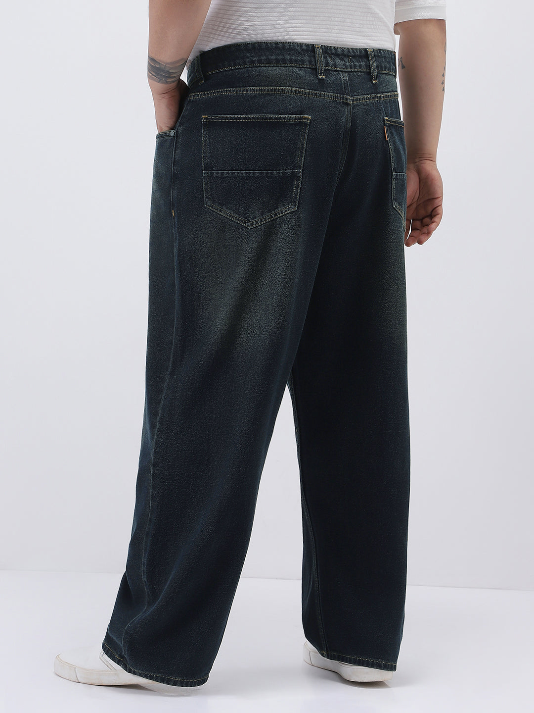 Plus Men's Carbon Blue Loose Baggy Fit Heavy Washed Jeans Non-Stretchable