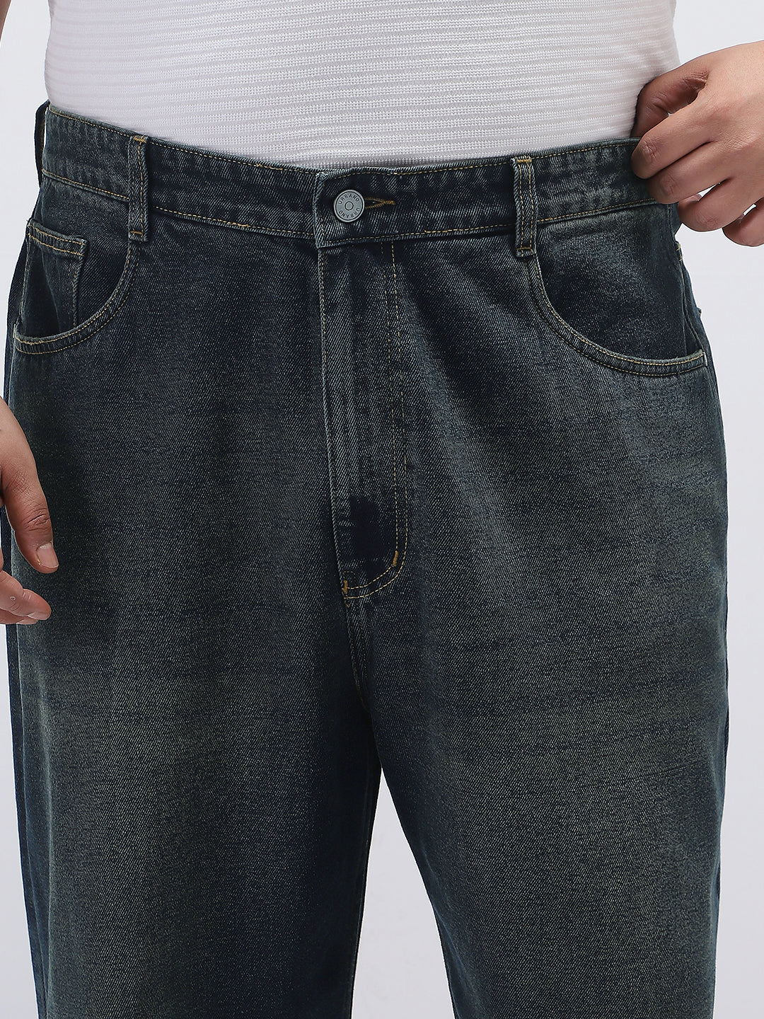Plus Men's Carbon Blue Loose Baggy Fit Heavy Washed Jeans Non-Stretchable