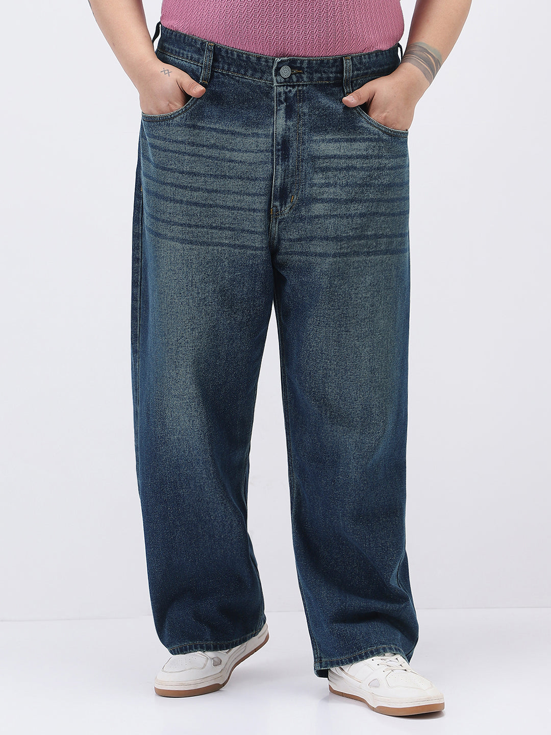 Plus Men's Dark Blue Loose Baggy Fit Heavy Washed Jeans Non-Stretchable