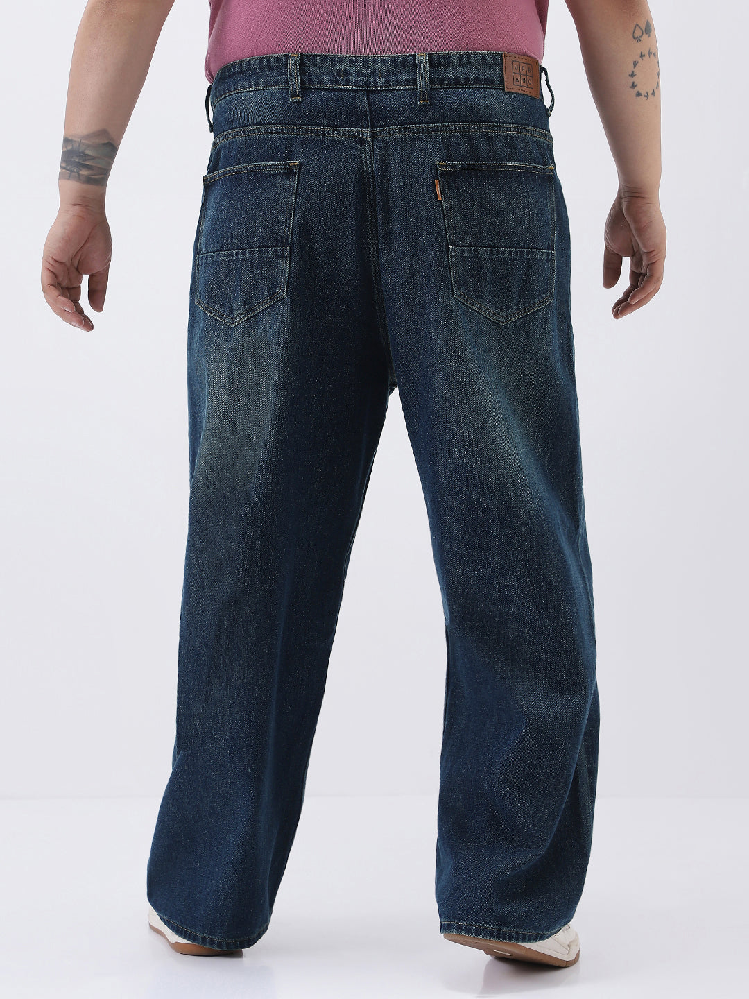 Plus Men's Dark Blue Loose Baggy Fit Heavy Washed Jeans Non-Stretchable