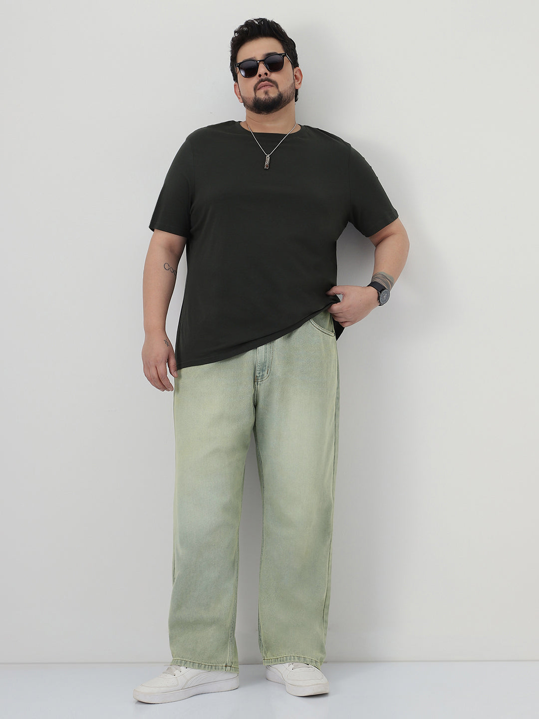 Plus Men's Ice Grey Loose Baggy Fit Heavy Washed Jeans Non-Stretchable