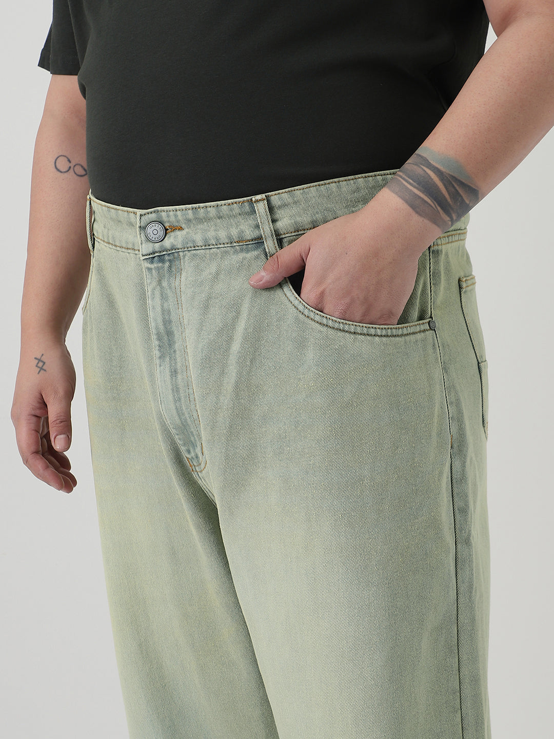 Plus Men's Ice Grey Loose Baggy Fit Heavy Washed Jeans Non-Stretchable