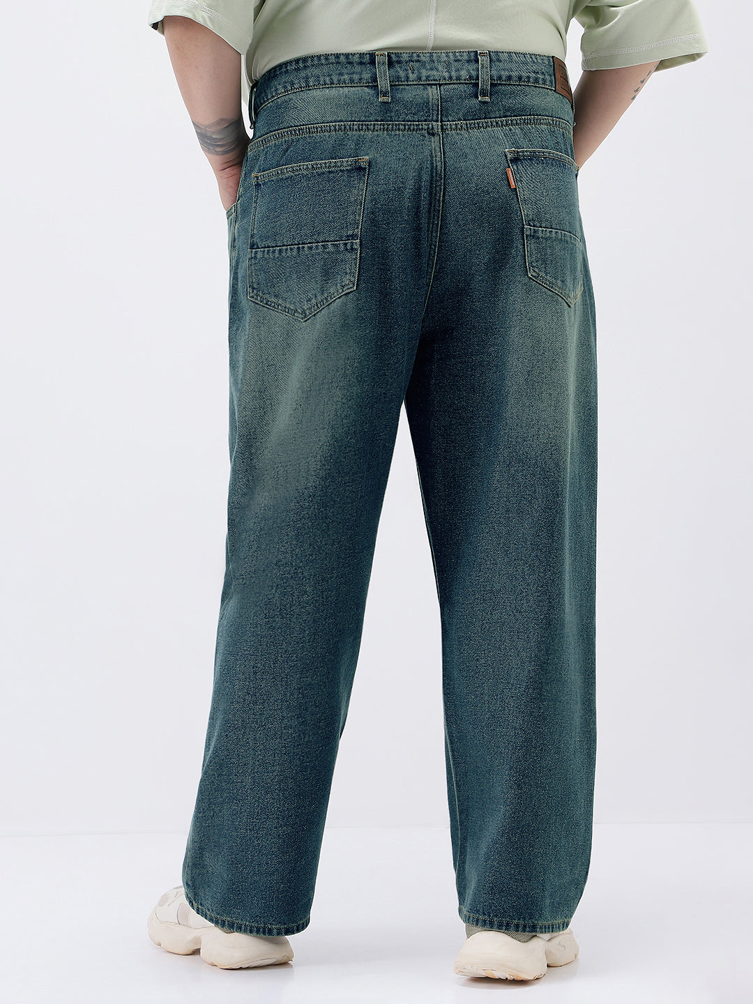 Plus Men's Light Blue Loose Baggy Fit Heavy Washed Jeans Non-Stretchable