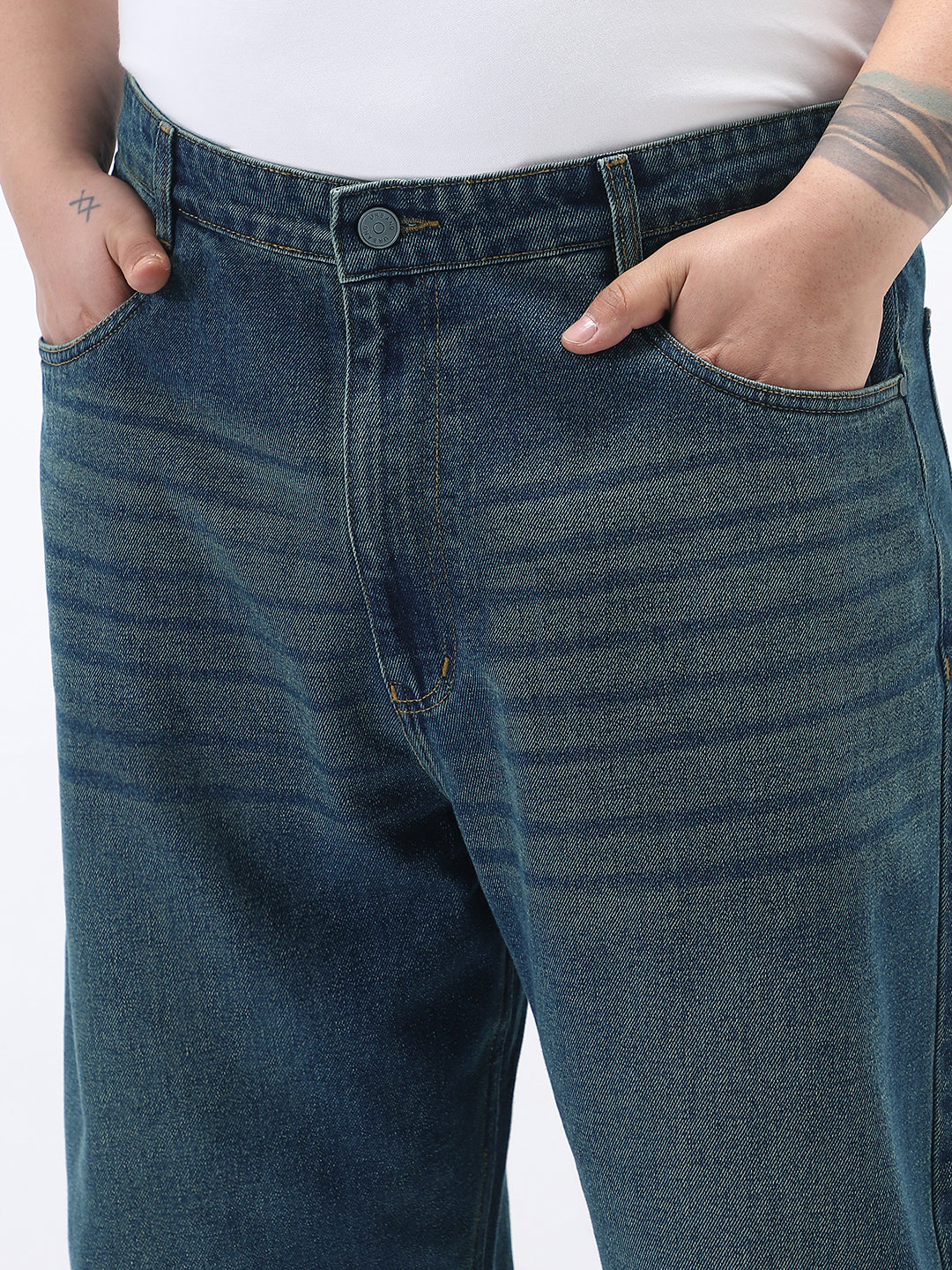 Plus Men's Blue Loose Baggy Fit Heavy Washed Jeans Non-Stretchable