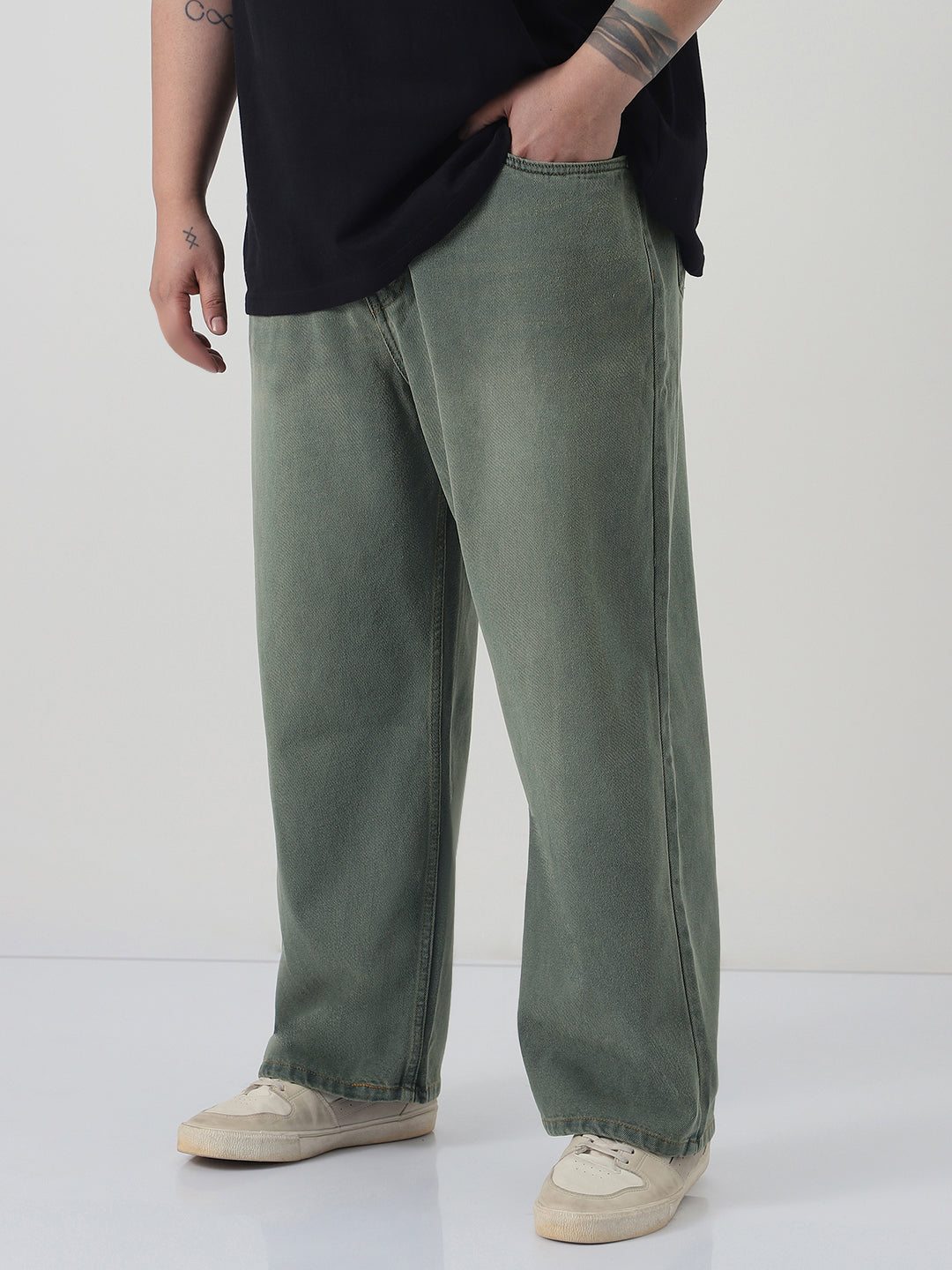 Plus Men's Grey Loose Baggy Fit Heavy Washed Jeans Non-Stretchable