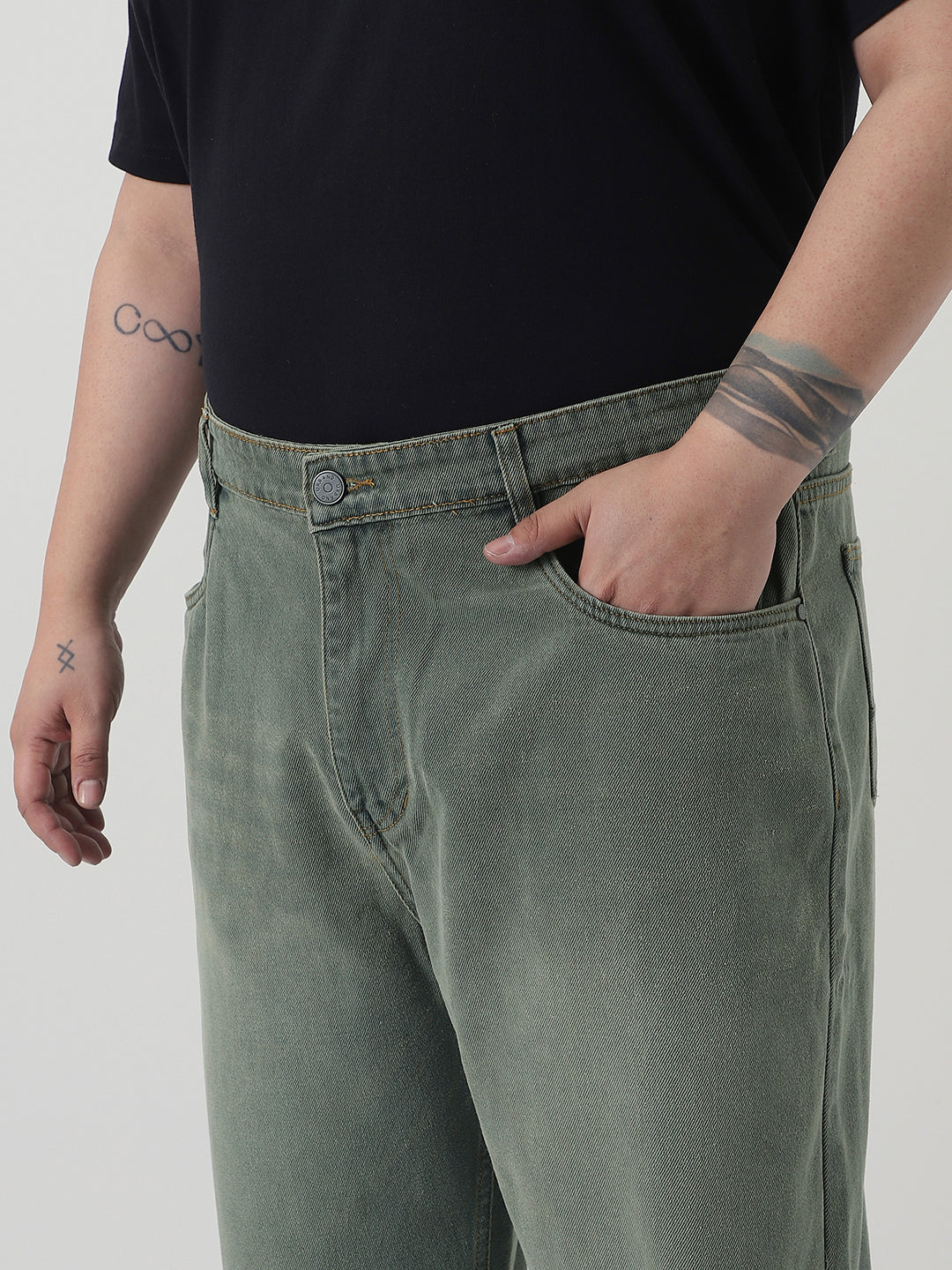 Plus Men's Grey Loose Baggy Fit Heavy Washed Jeans Non-Stretchable
