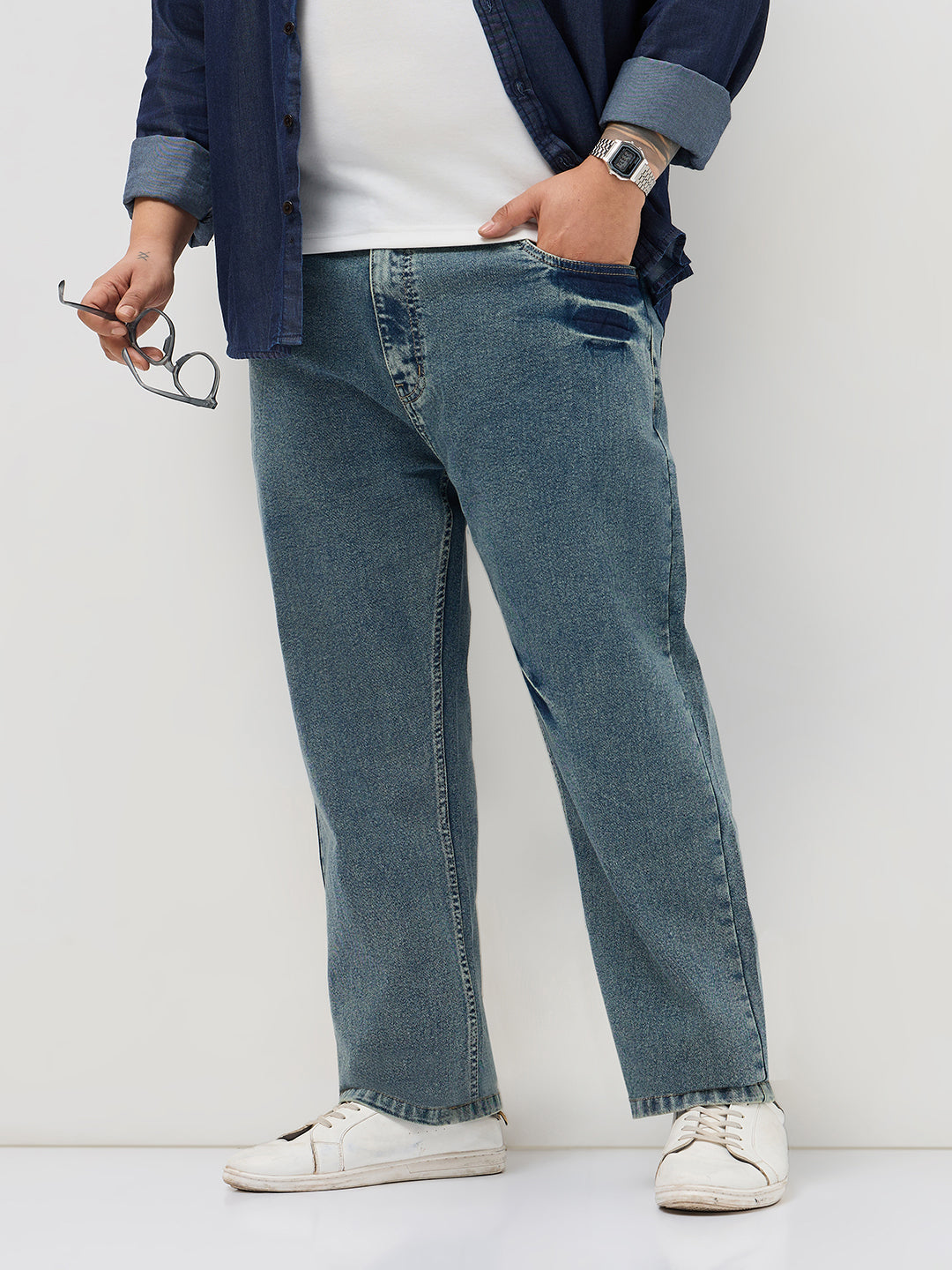 Plus Men's Ice Blue Regular Fit Acid Washed Denim Jeans Stretchable