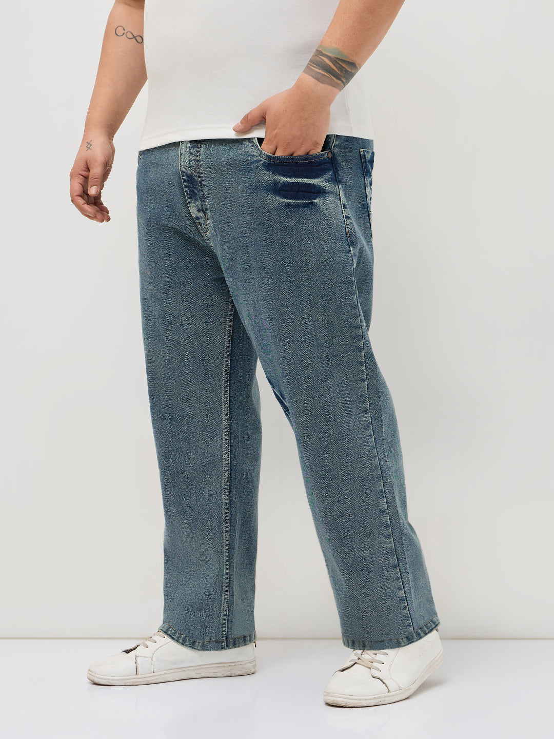 Plus Men's Ice Blue Regular Fit Acid Washed Denim Jeans Stretchable