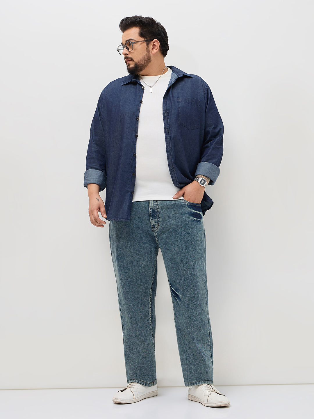 Plus Men's Ice Blue Regular Fit Acid Washed Denim Jeans Stretchable