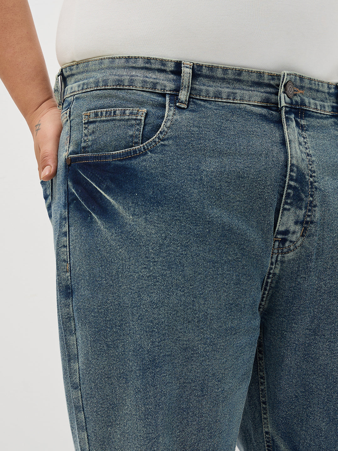 Plus Men's Ice Blue Regular Fit Acid Washed Denim Jeans Stretchable