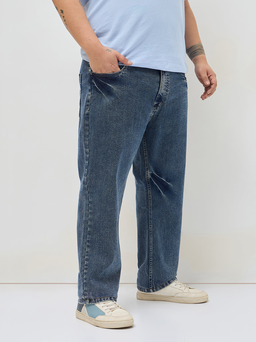 Plus Men's Light Blue Regular Fit Acid Washed Denim Jeans Stretchable