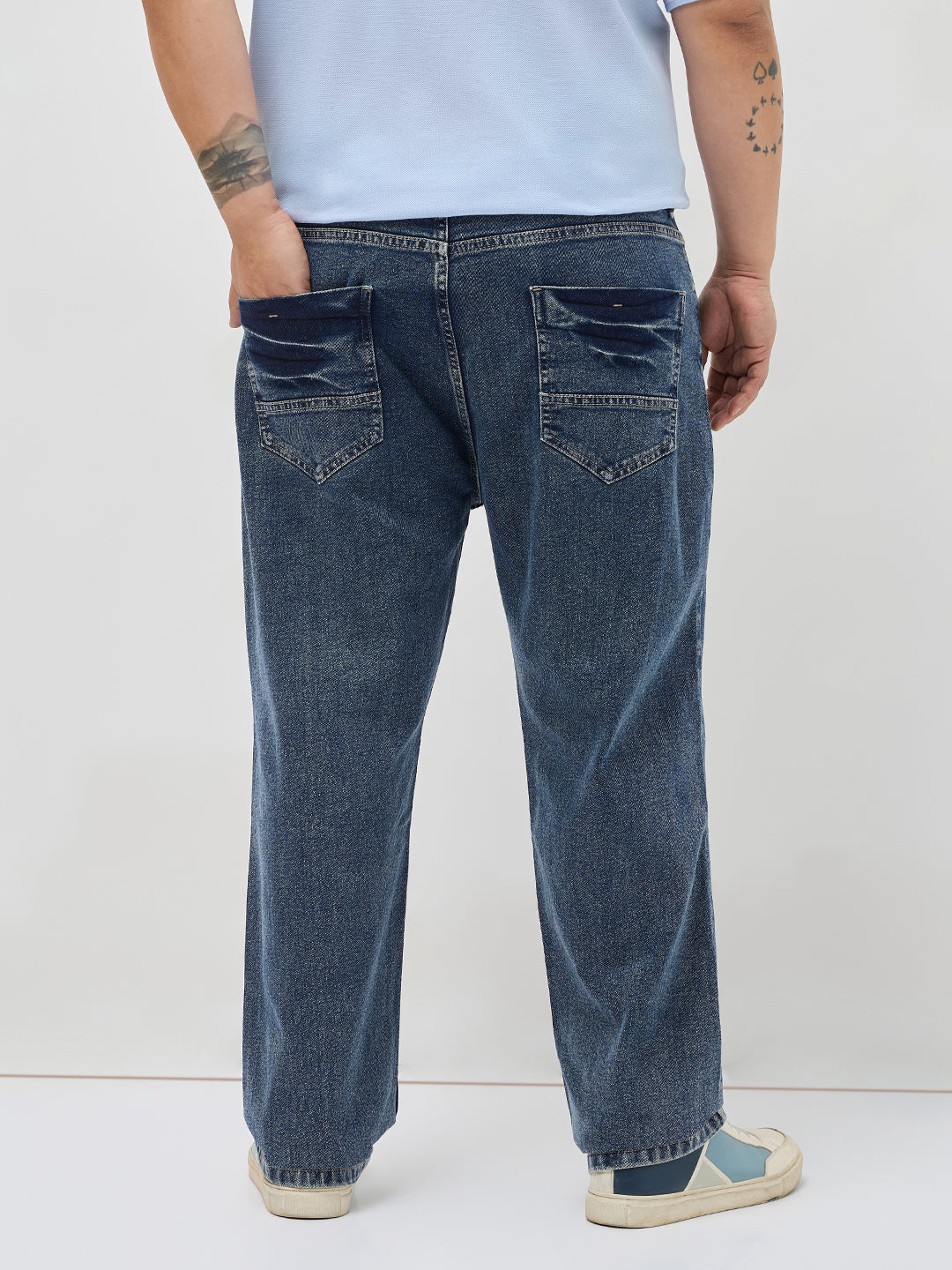 Plus Men's Light Blue Regular Fit Acid Washed Denim Jeans Stretchable