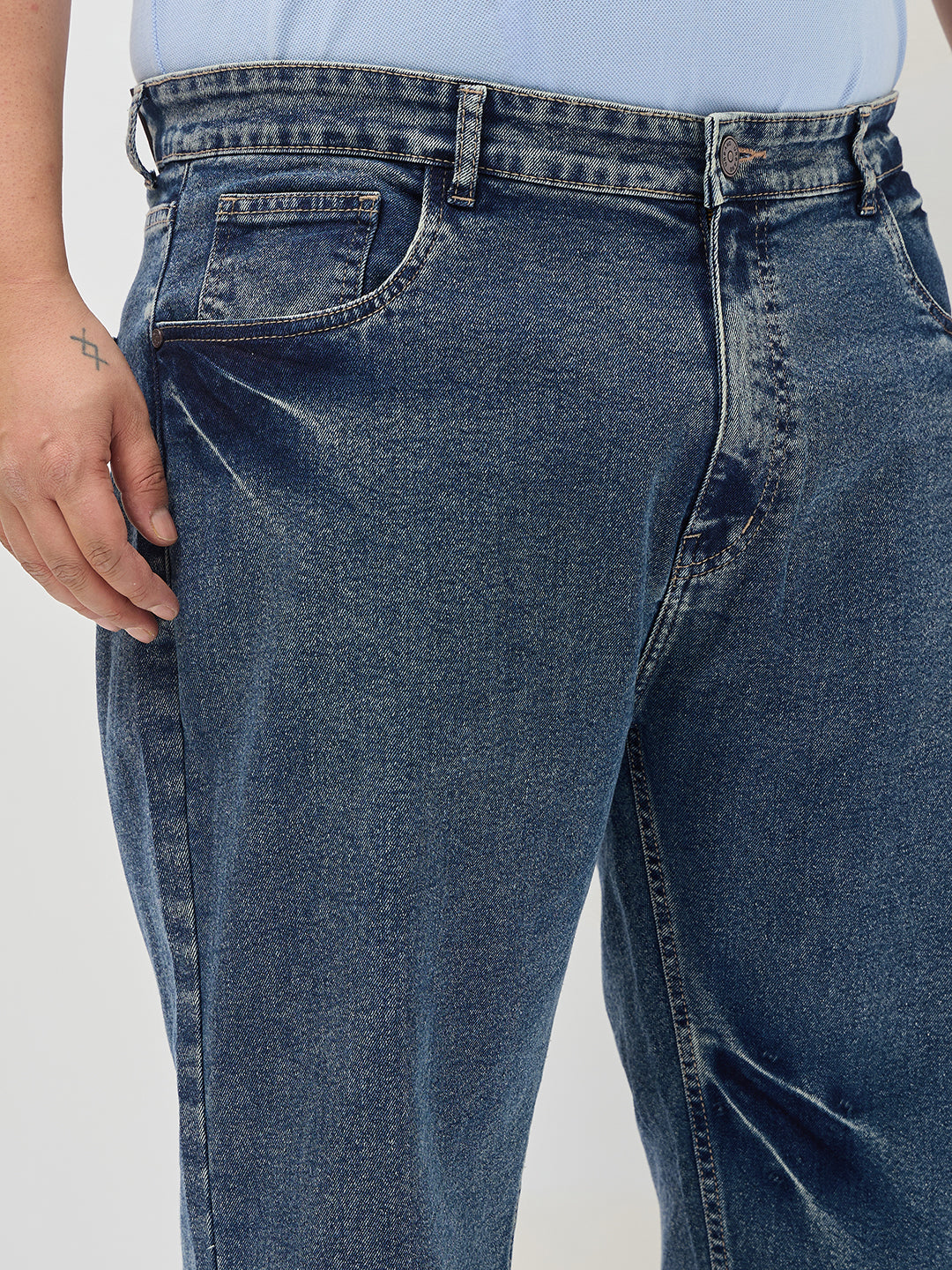 Plus Men's Light Blue Regular Fit Acid Washed Denim Jeans Stretchable