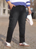 Plus Men's Black Regular Fit Washed Cargo Jeans With 6 Pockets Stretchable