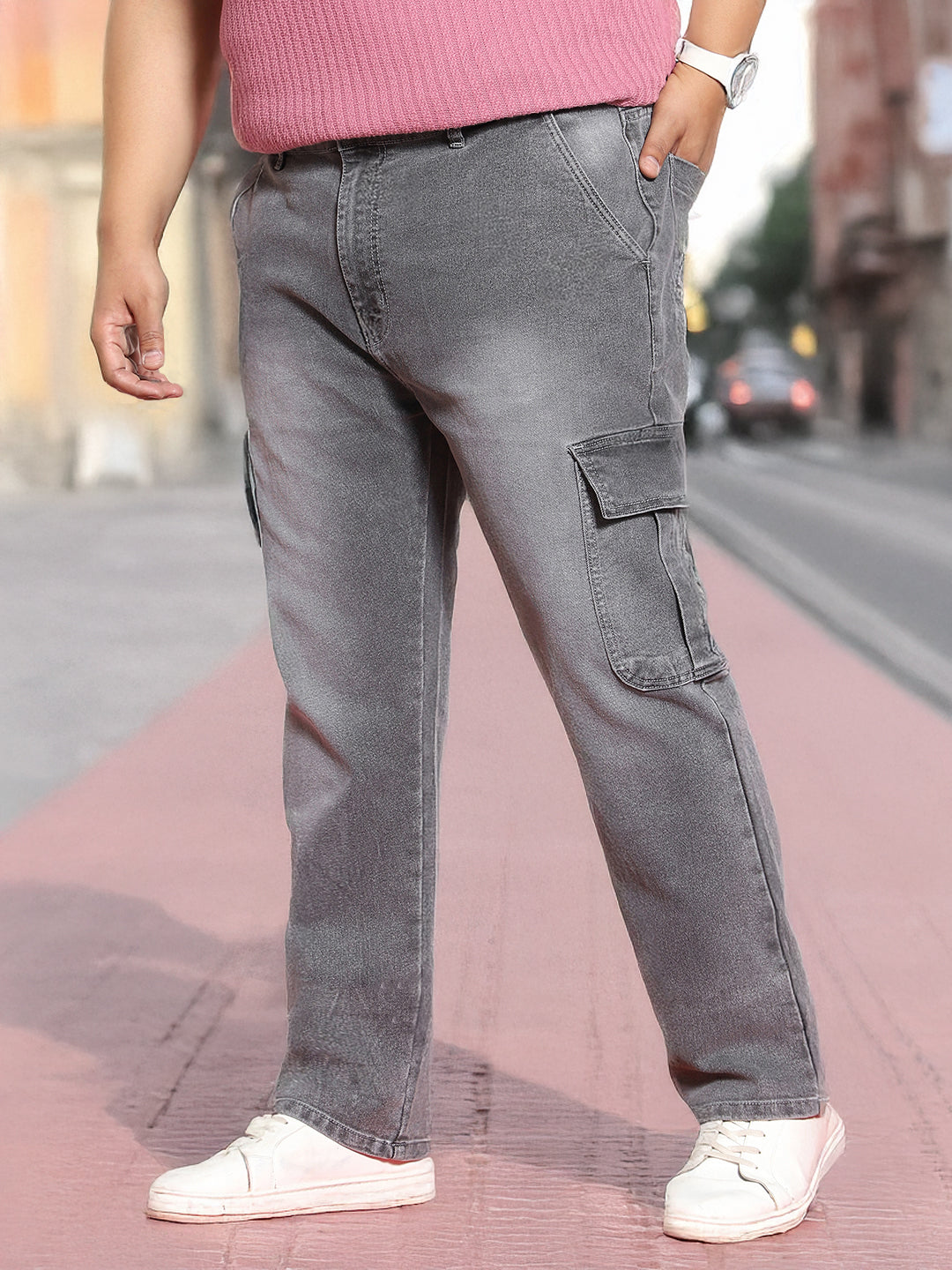 Plus Men's Light Grey Regular Fit Washed Cargo Jeans With 6 Pockets Stretchable