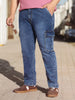 Plus Men's Blue Regular Fit Washed Cargo Jeans With 6 Pockets Stretchable