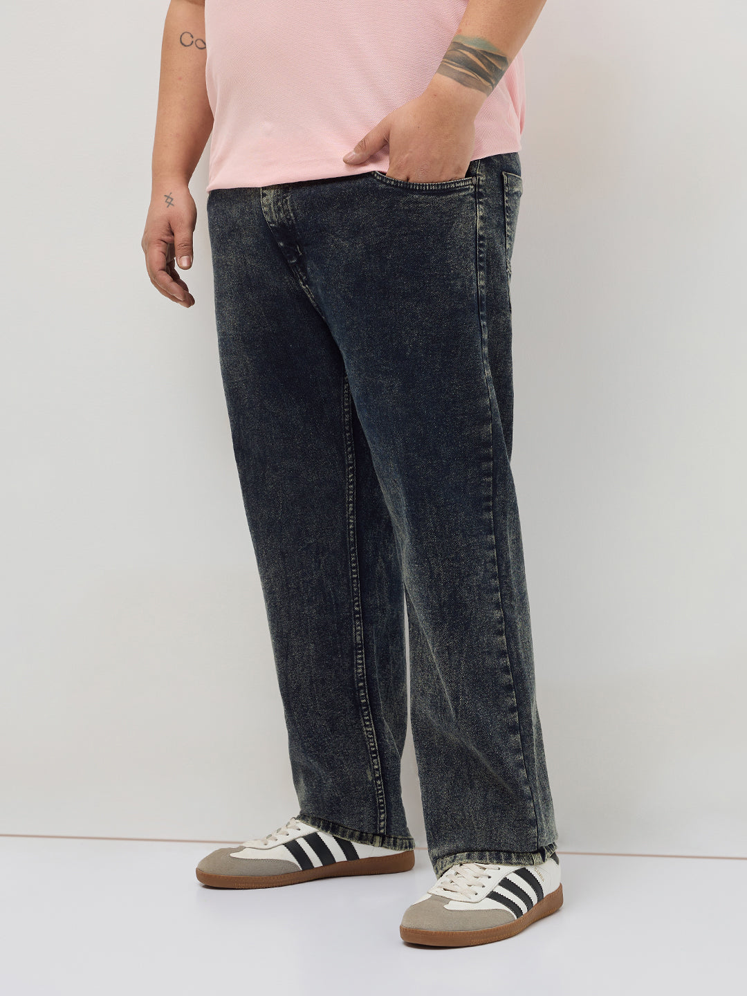 Plus Men's Black Regular Fit Towel Washed Yellow Tint Denim Jeans Stretchable