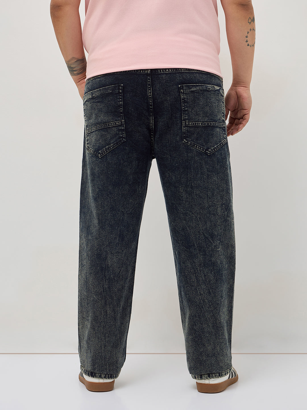 Plus Men's Black Regular Fit Towel Washed Yellow Tint Denim Jeans Stretchable