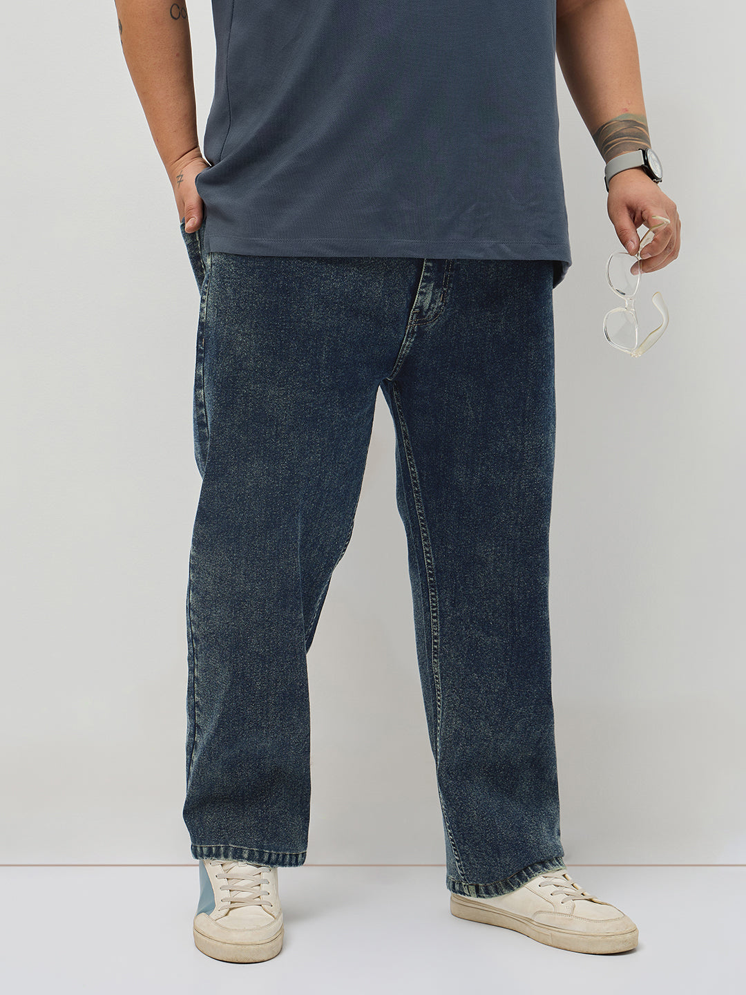 Plus Men's Dark Blue Regular Fit Towel Washed Yellow Tint Denim Jeans Stretchable