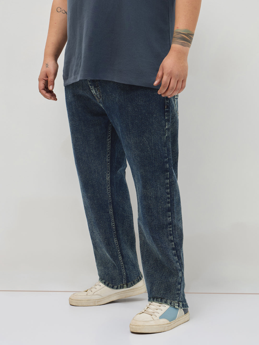 Plus Men's Dark Blue Regular Fit Towel Washed Yellow Tint Denim Jeans Stretchable