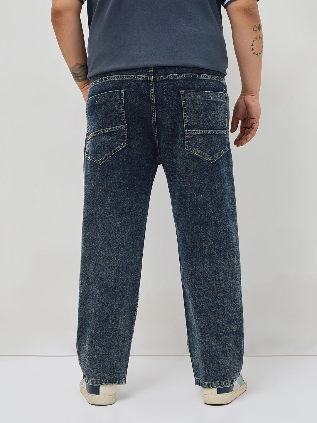 Plus Men's Dark Blue Regular Fit Towel Washed Yellow Tint Denim Jeans Stretchable