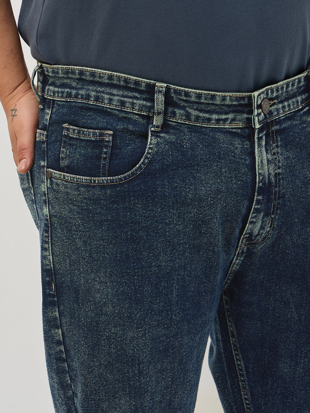 Plus Men's Dark Blue Regular Fit Towel Washed Yellow Tint Denim Jeans Stretchable