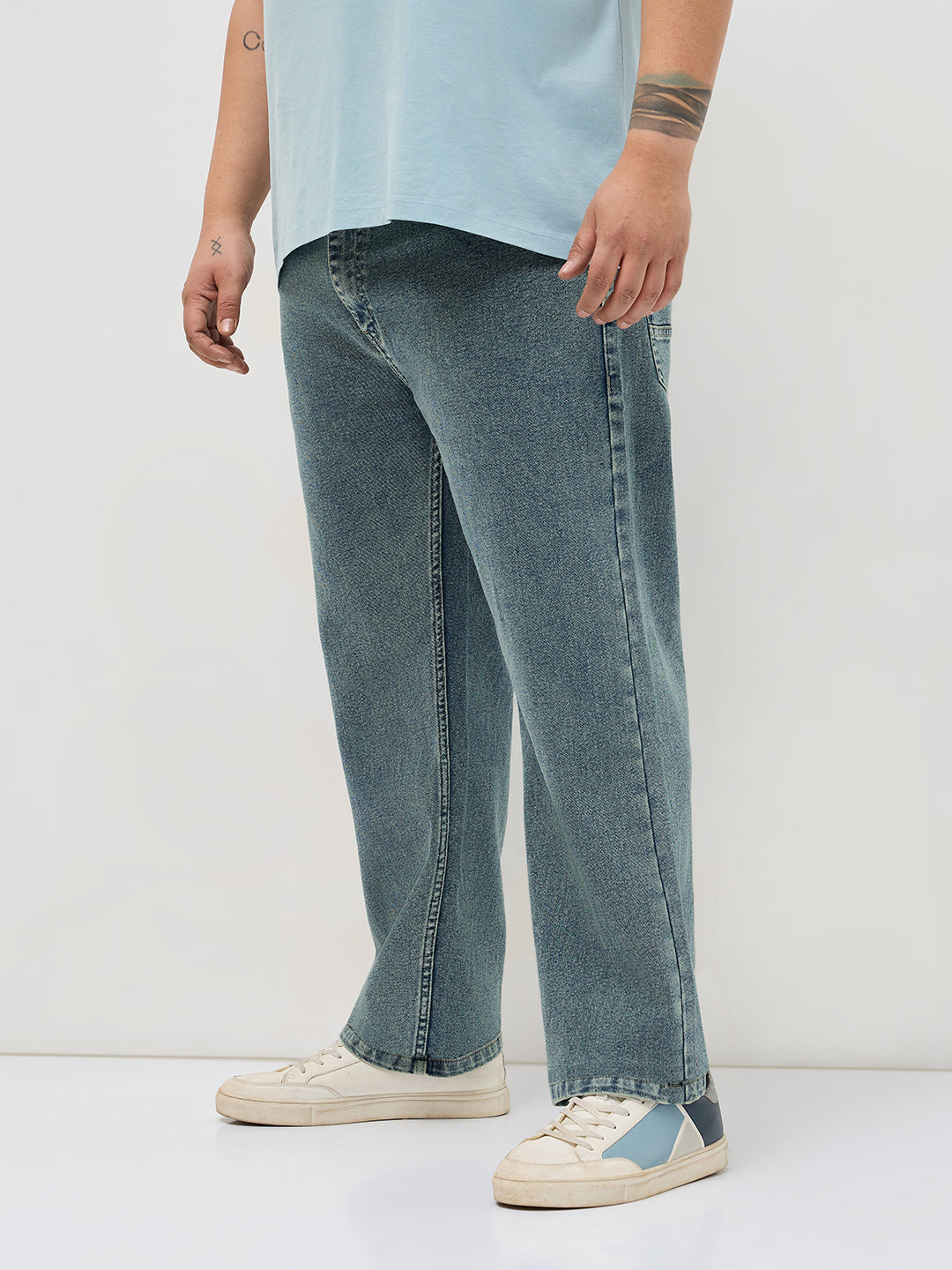 Plus Men's Ice Blue Regular Fit Towel Washed Yellow Tint Denim Jeans Stretchable