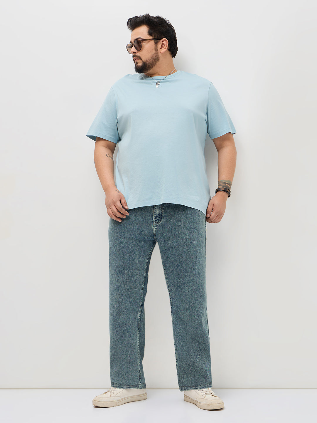 Plus Men's Ice Blue Regular Fit Towel Washed Yellow Tint Denim Jeans Stretchable