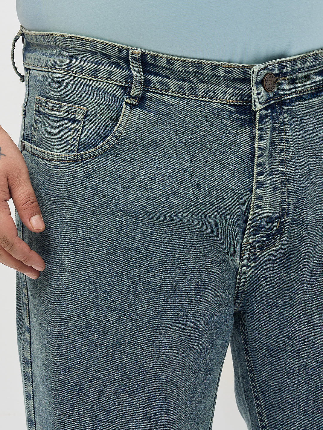 Plus Men's Ice Blue Regular Fit Towel Washed Yellow Tint Denim Jeans Stretchable