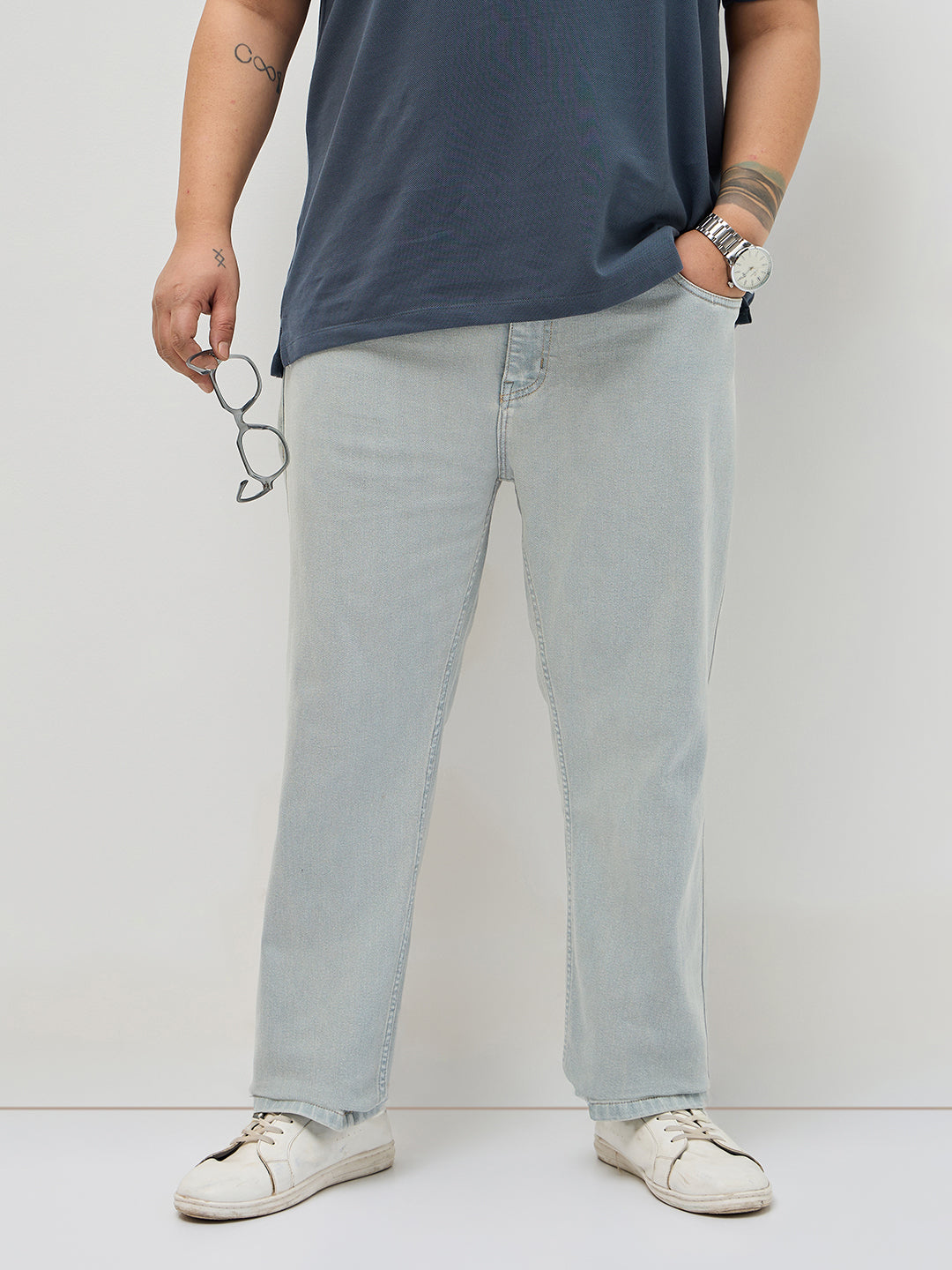 Plus Men's Ice Grey Regular Fit Towel Washed Yellow Tint Denim Jeans Stretchable