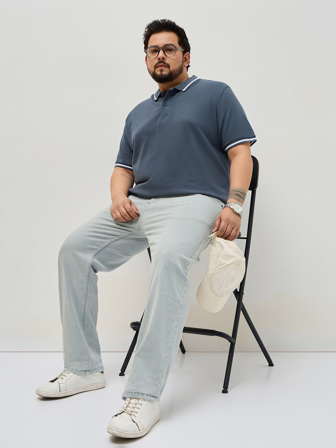 Plus Men's Ice Grey Regular Fit Towel Washed Yellow Tint Denim Jeans Stretchable