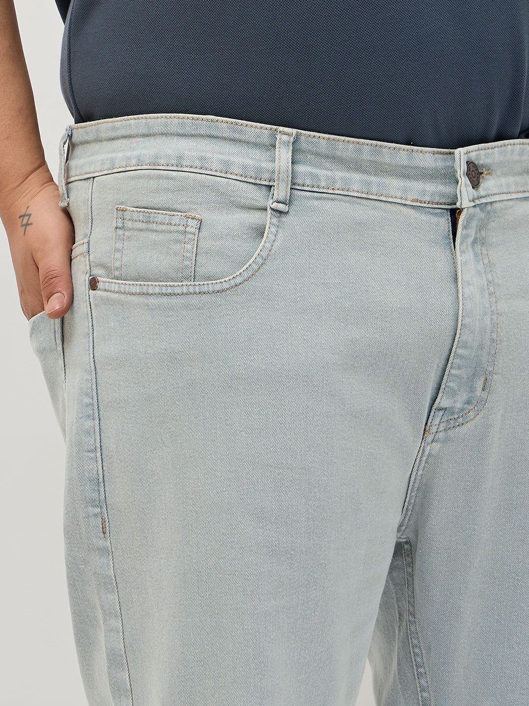 Plus Men's Ice Grey Regular Fit Towel Washed Yellow Tint Denim Jeans Stretchable