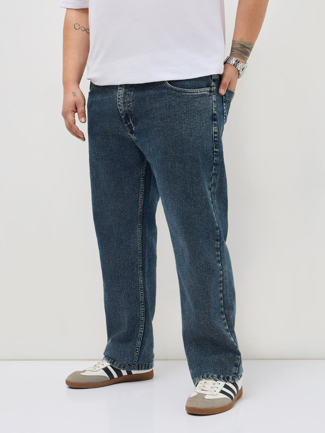 Plus Men's Light Blue Regular Fit Towel Washed Yellow Tint Denim Jeans Stretchable