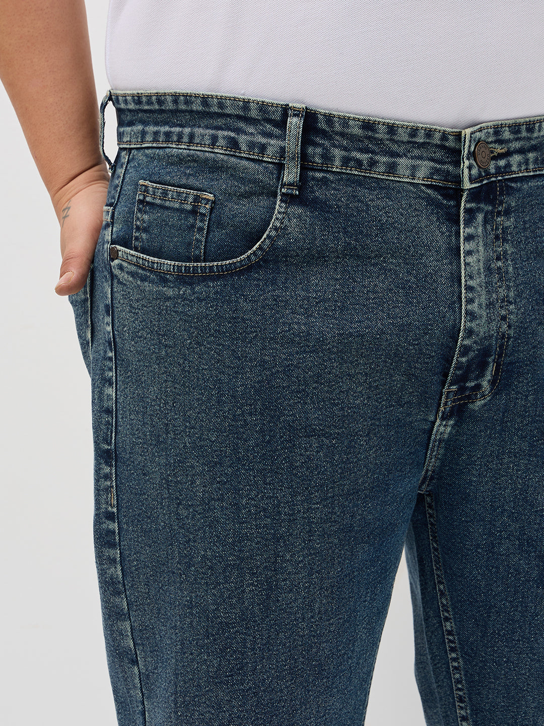 Plus Men's Light Blue Regular Fit Towel Washed Yellow Tint Denim Jeans Stretchable