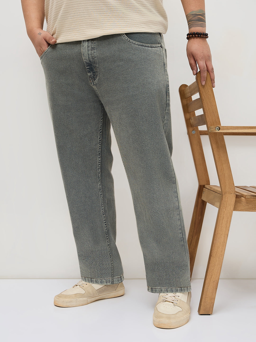 Plus Men's Light Grey Regular Fit Towel Washed Yellow Tint Denim Jeans Stretchable