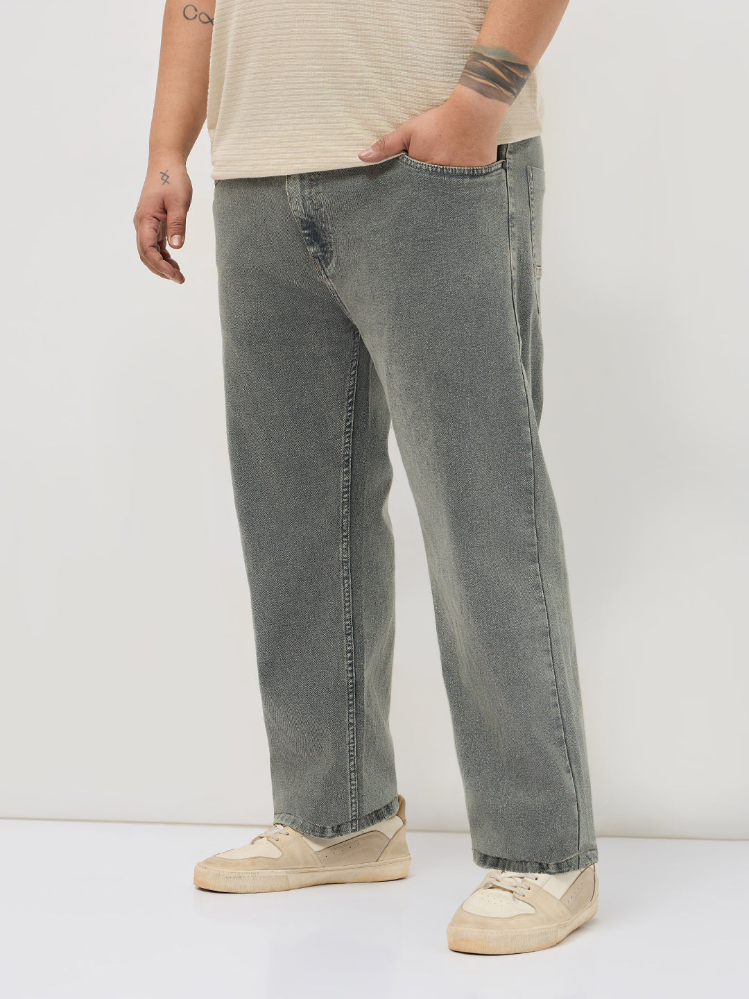 Plus Men's Light Grey Regular Fit Towel Washed Yellow Tint Denim Jeans Stretchable