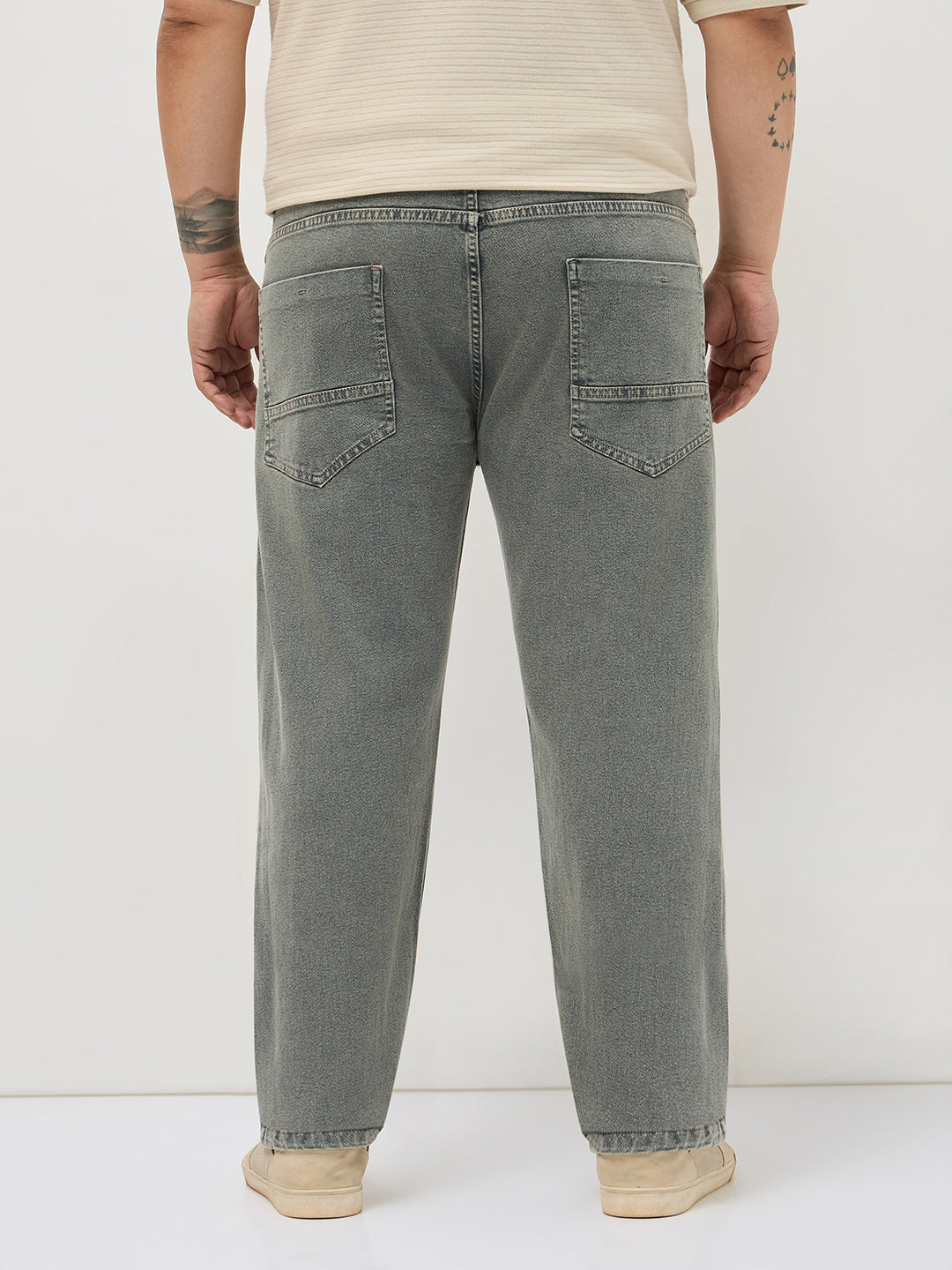 Plus Men's Light Grey Regular Fit Towel Washed Yellow Tint Denim Jeans Stretchable