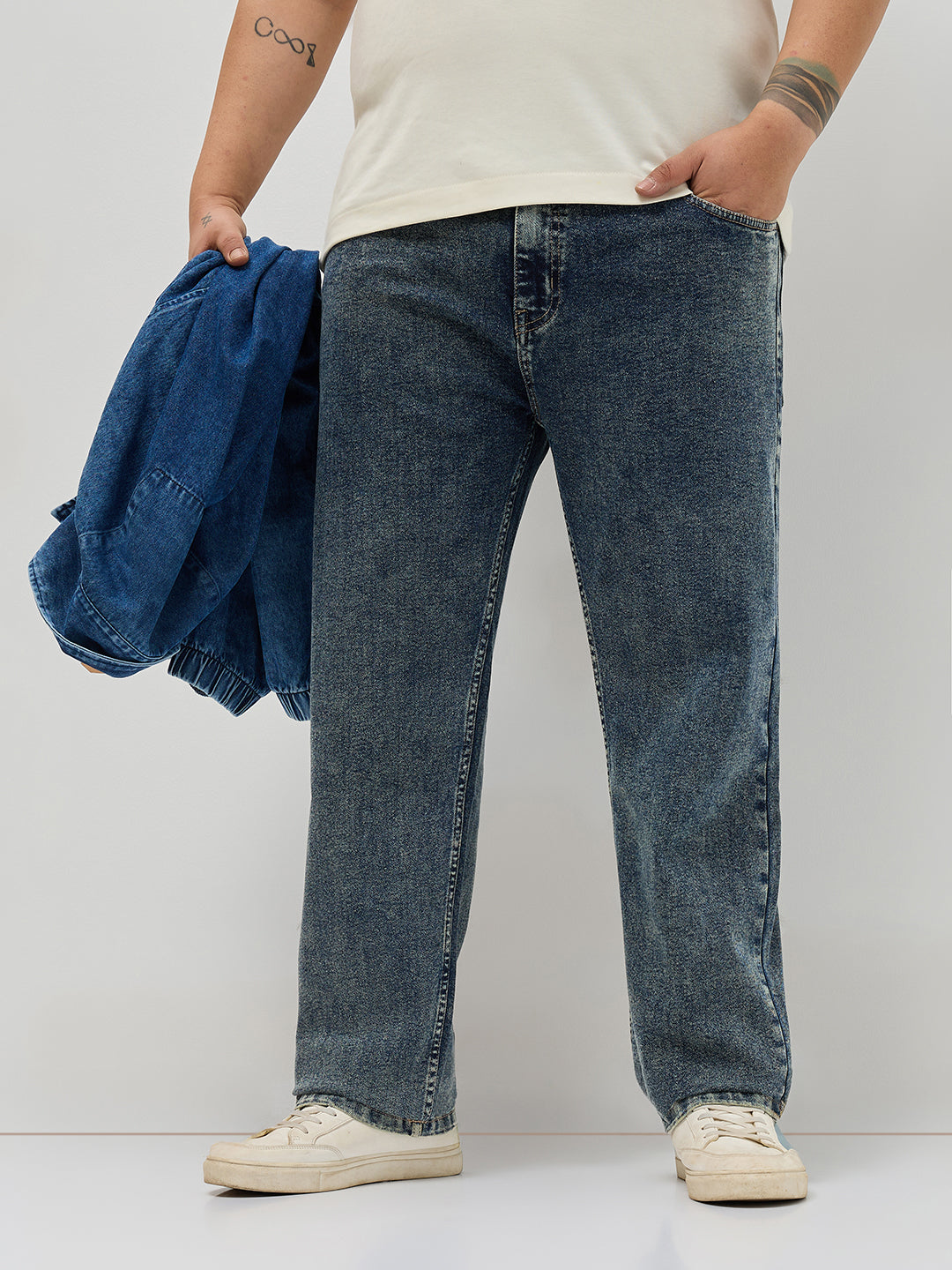 Plus Men's Blue Regular Fit Towel Washed Yellow Tint Denim Jeans Stretchable