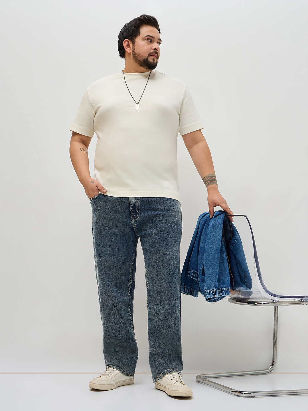 Plus Men's Blue Regular Fit Towel Washed Yellow Tint Denim Jeans Stretchable