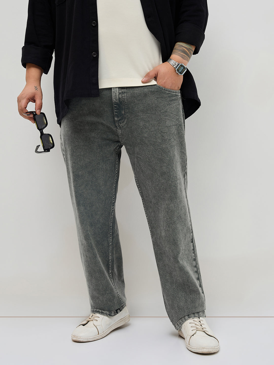 Plus Men's Grey Regular Fit Towel Washed Yellow Tint Denim Jeans Stretchable