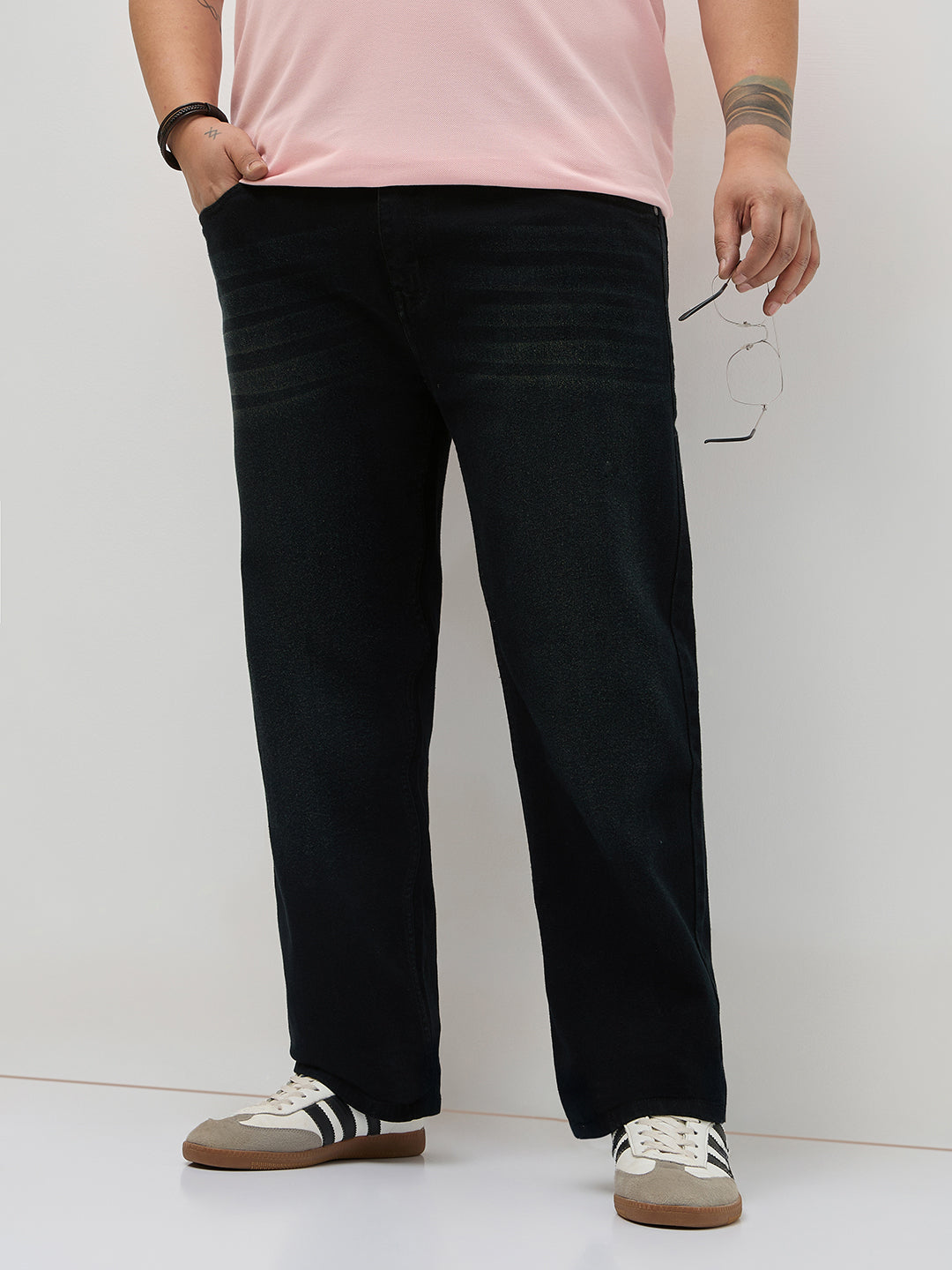 Plus Men's Black Regular Fit Whisker Washed Yellow Tint Denim Jeans Stretchable