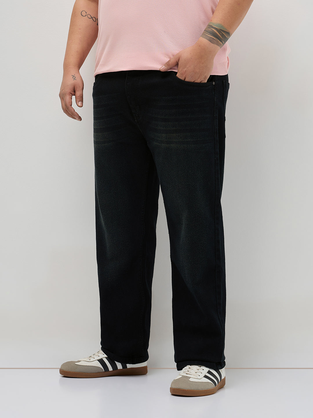 Plus Men's Black Regular Fit Whisker Washed Yellow Tint Denim Jeans Stretchable