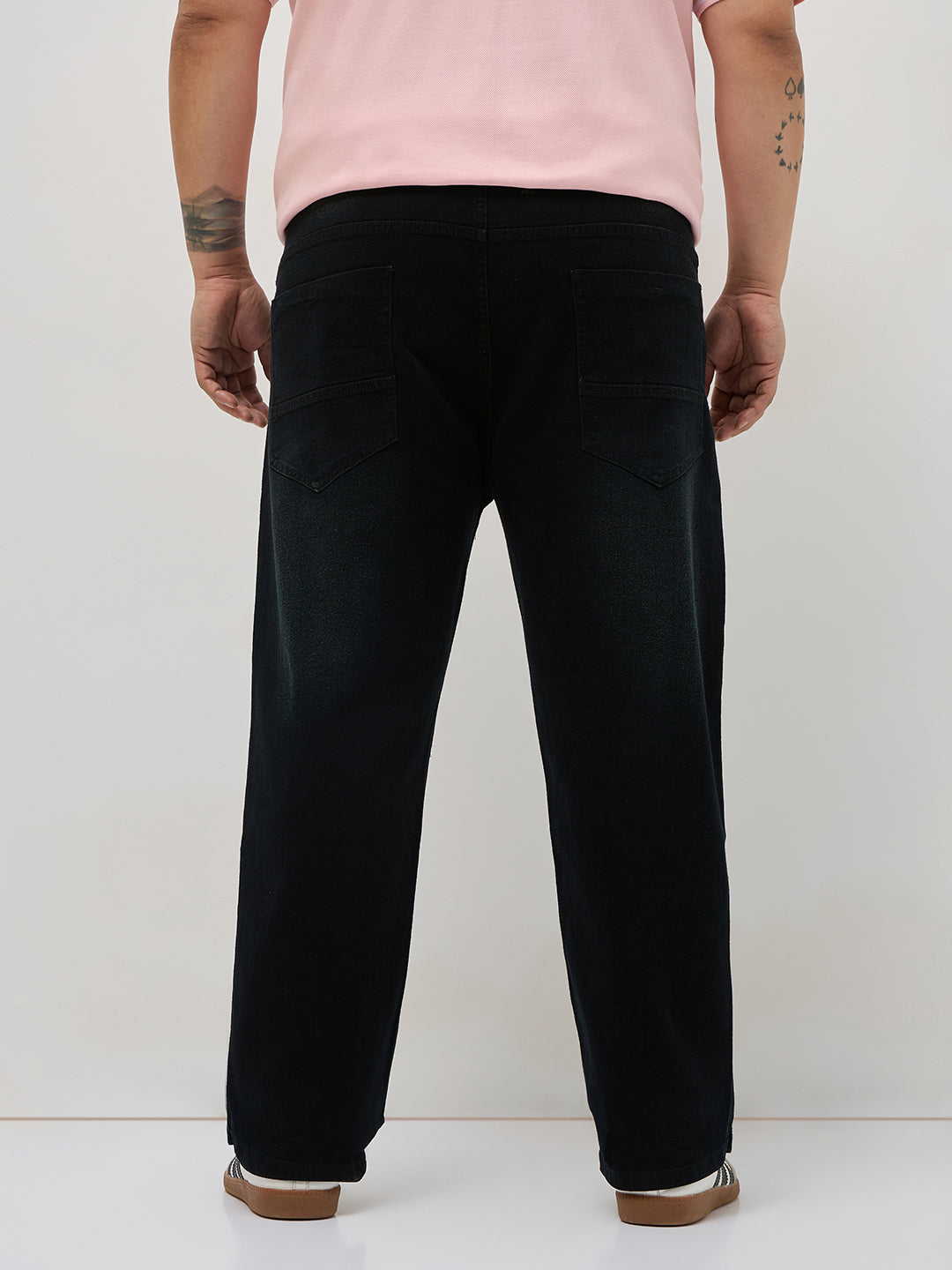 Plus Men's Black Regular Fit Whisker Washed Yellow Tint Denim Jeans Stretchable